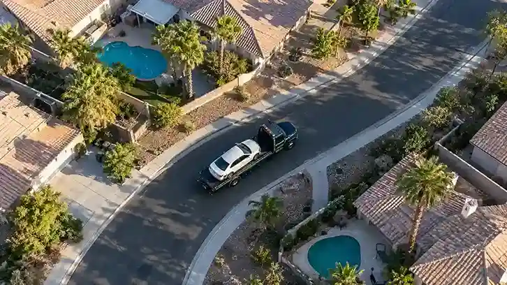Aerial view of a flatbed tow truck carrying a white sedan through an Enterprise neighborhood