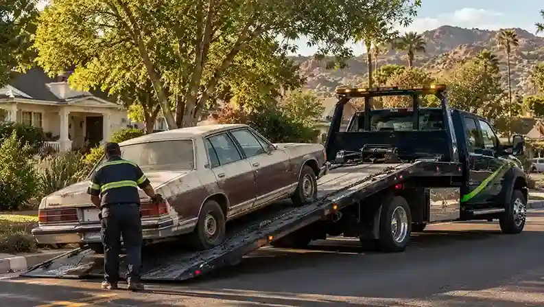 An old sun-bleached sedan being loaded onto a flatbed on a shaded Boulder City street