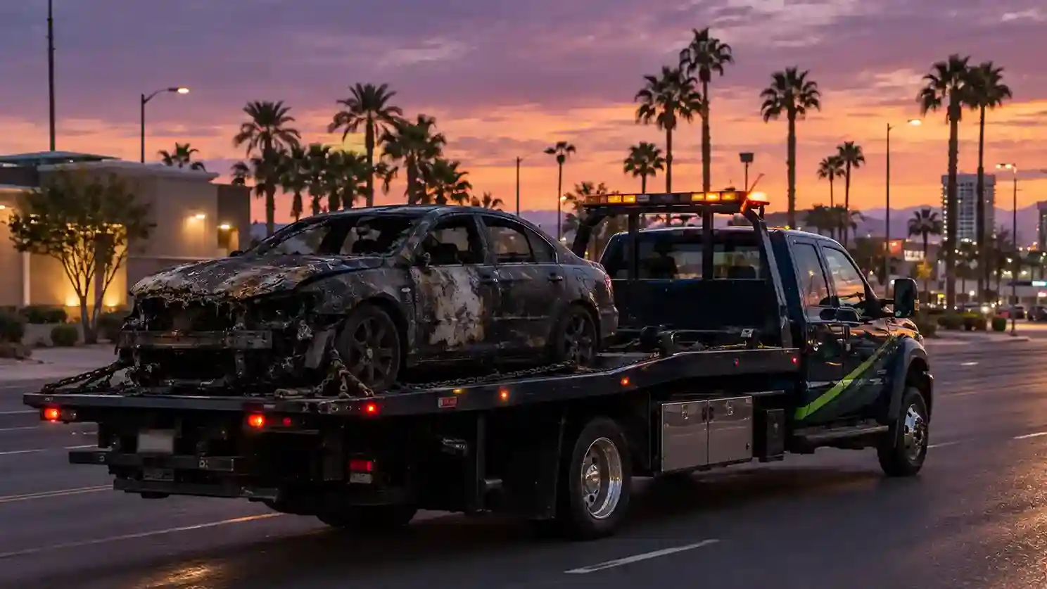 A flatbed tow truck carrying a fire-damaged black sedan through Paradise at dusk