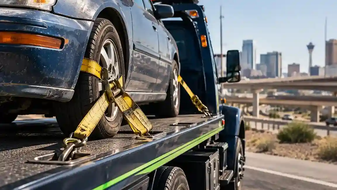 Yellow ratchet straps securing a junk sedan’s wheel to a flatbed near a downtown Las Vegas interchange