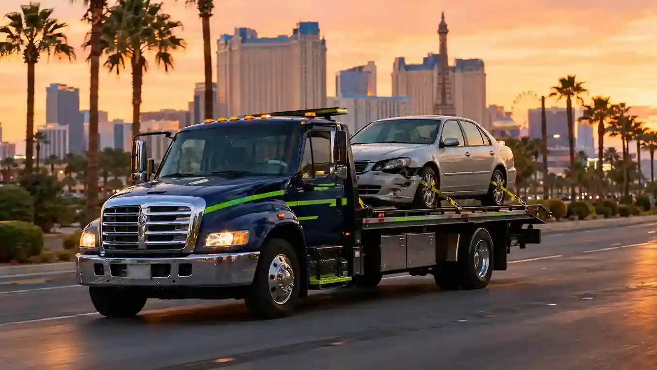 A navy flatbed tow truck carrying a damaged silver sedan past the Las Vegas Strip at sunset
