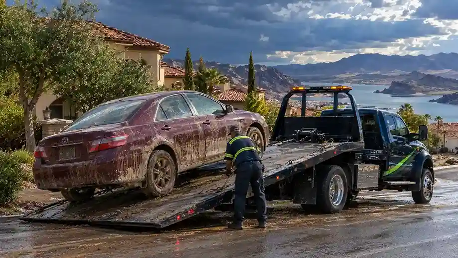 A flood-damaged maroon sedan with mud lines being winched onto a flatbed near Lake Las Vegas