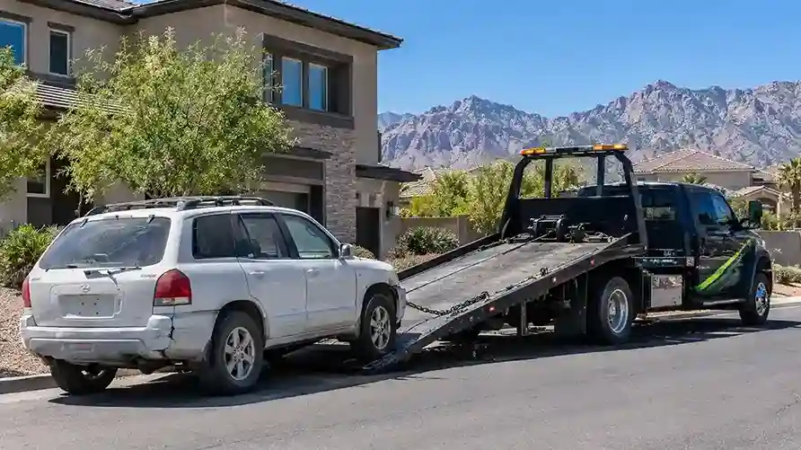 A sun-faded crossover waiting to be winched onto a flatbed in Mountain’s Edge
