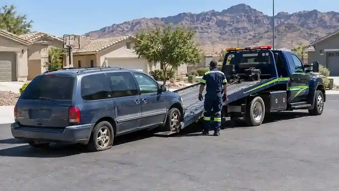 A faded minivan with flat tires being loaded onto a flatbed in a North Las Vegas cul-de-sac