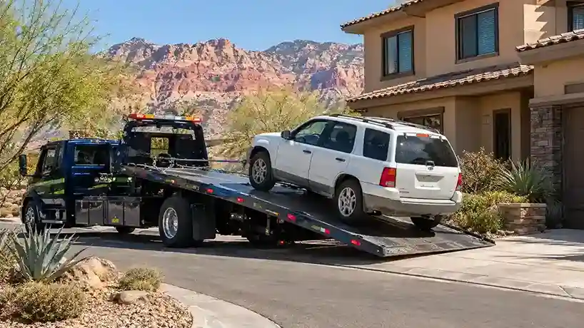 A non-running white SUV being winched onto a flatbed in Summerlin with Red Rock Canyon behind
