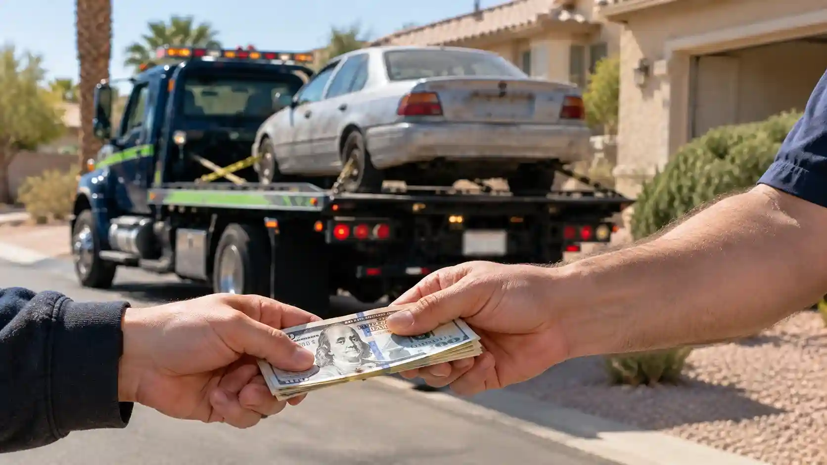 Cash changing hands in a Silverado Ranch driveway with a tow truck holding an old sedan behind