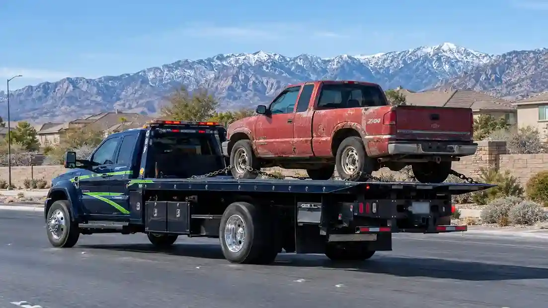 A flatbed tow truck carrying a rusty red pickup through Centennial Hills with Mount Charleston behind
