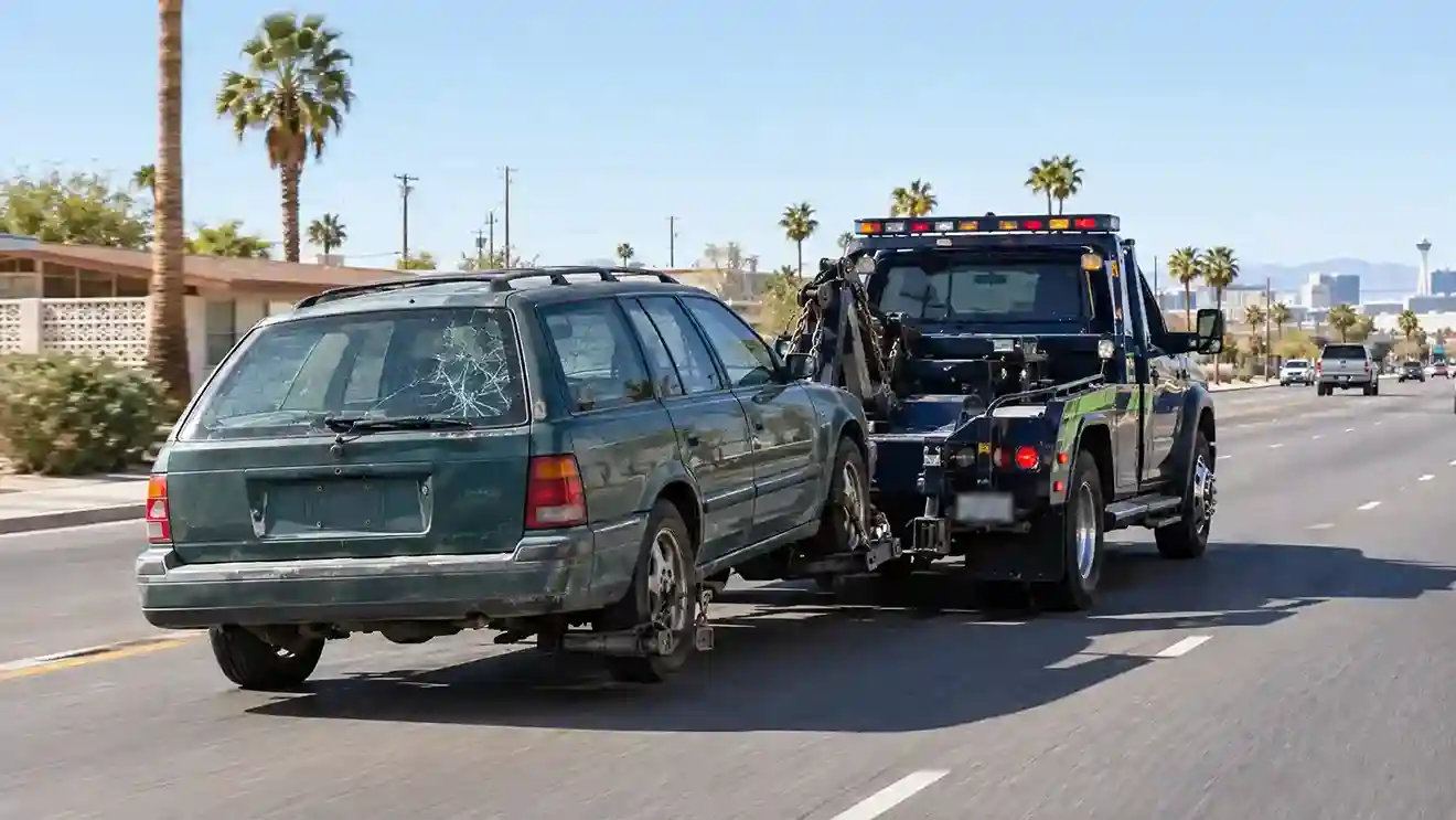A wheel-lift tow truck towing a faded green station wagon through Winchester