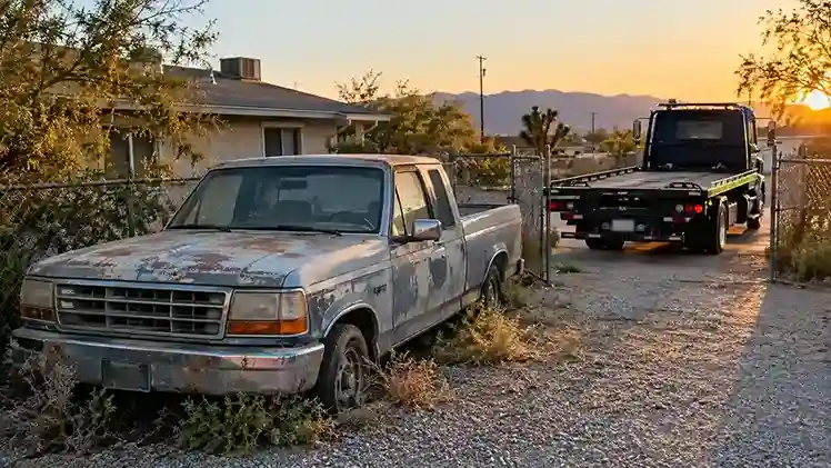 An old sun-faded pickup with flat tires in a Whitney side yard as a tow truck backs in
