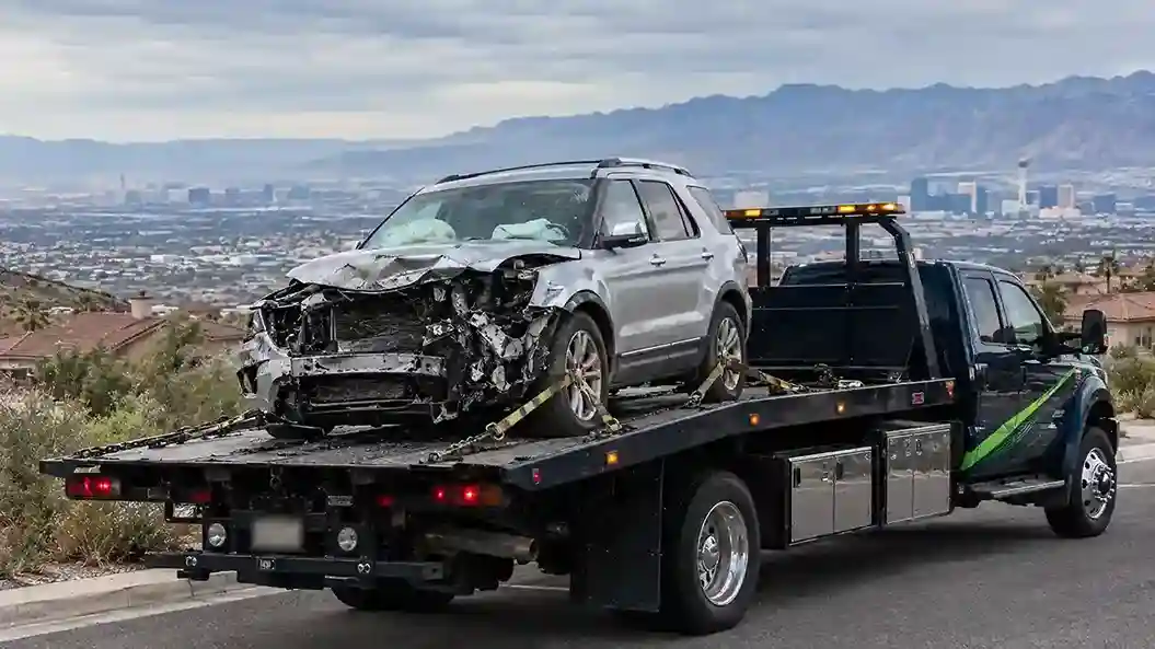 A totaled silver SUV with a crushed front end strapped onto a flatbed in Anthem, Henderson