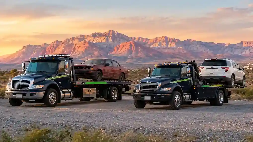 Two navy tow trucks carrying a red sedan and a white SUV at sunrise on Blue Diamond Road