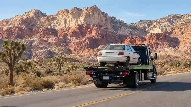 A flatbed tow truck carrying an old compact car on the desert road below Red Rock Canyon