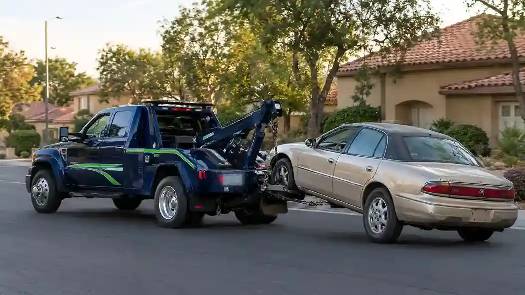 A wheel-lift tow truck towing an old gold sedan down a Green Valley street in Henderson